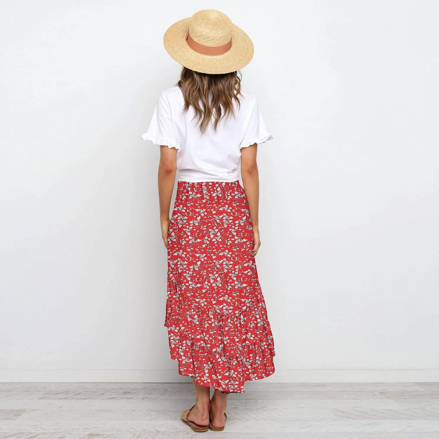 tuduoms Ditzy Floral Skirt Midi Boho Elastic High Waist Skirt A-line Long Vintage Skirts for Women High Low Pleated Skirt