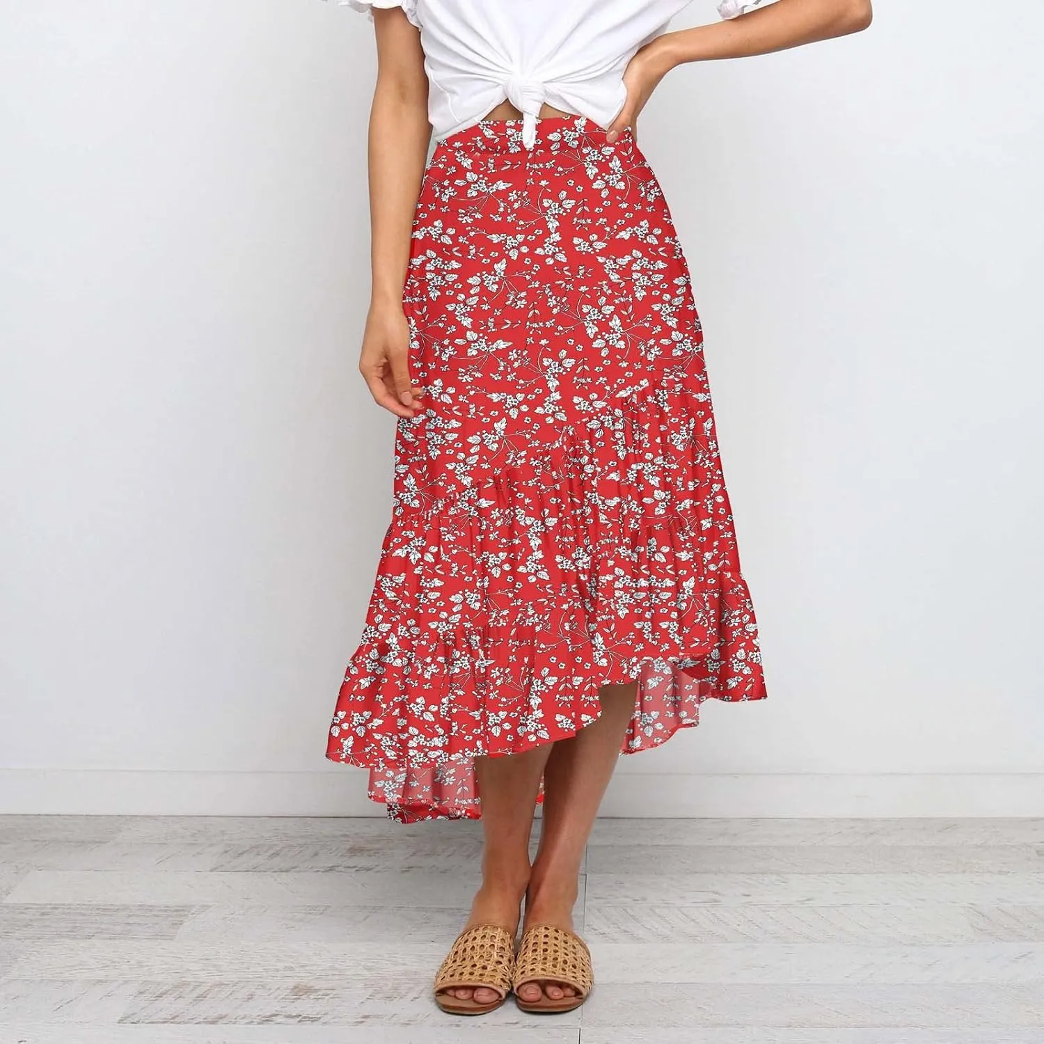 tuduoms Ditzy Floral Skirt Midi Boho Elastic High Waist Skirt A-line Long Vintage Skirts for Women High Low Pleated Skirt