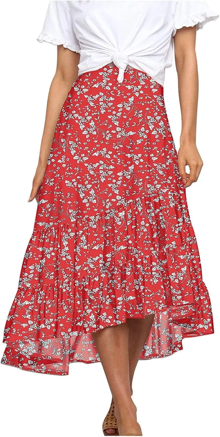 tuduoms Ditzy Floral Skirt Midi Boho Elastic High Waist Skirt A-line Long Vintage Skirts for Women High Low Pleated Skirt