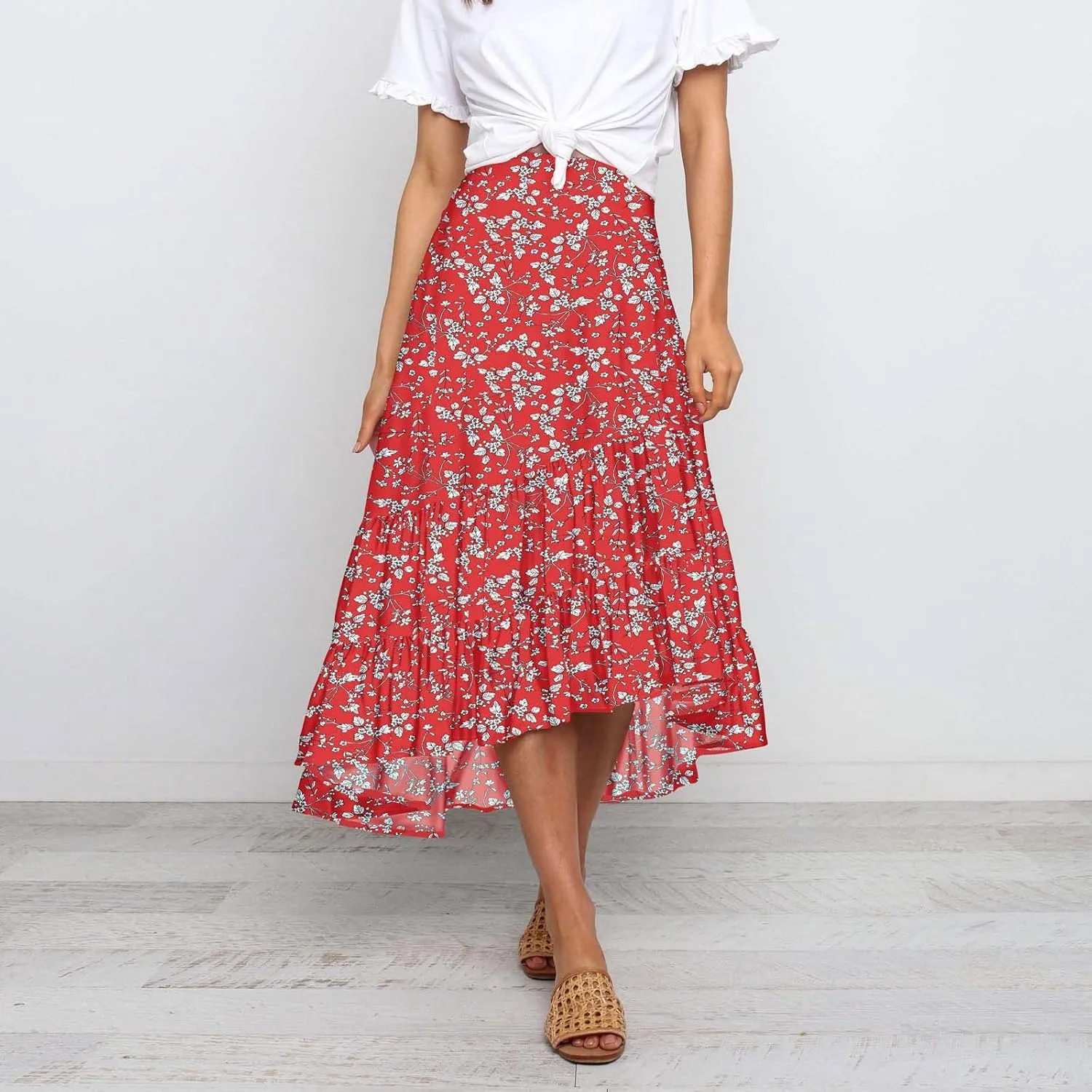 tuduoms Ditzy Floral Skirt Midi Boho Elastic High Waist Skirt A-line Long Vintage Skirts for Women High Low Pleated Skirt