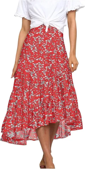 tuduoms Ditzy Floral Skirt Midi Boho Elastic High Waist Skirt A-line Long Vintage Skirts for Women High Low Pleated Skirt