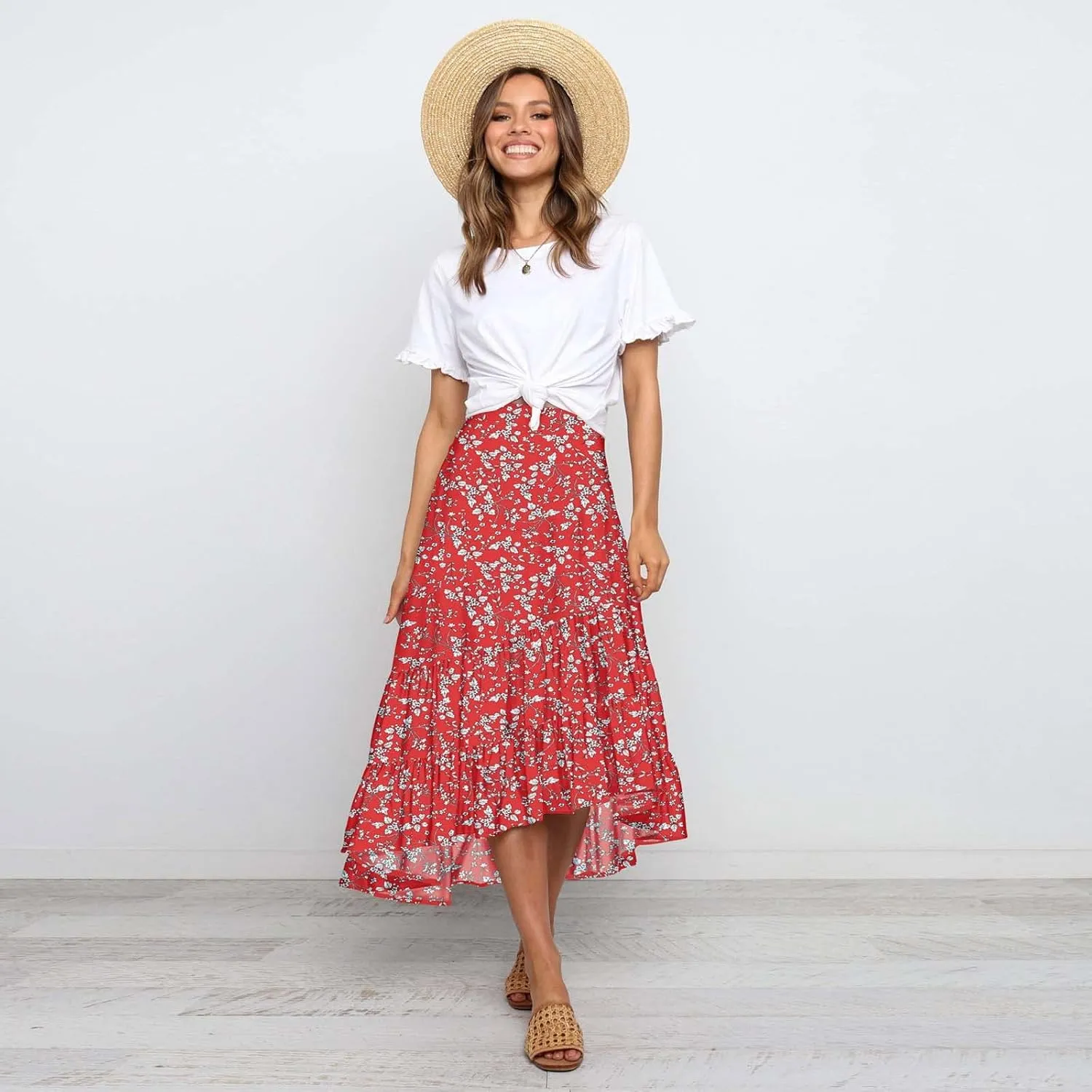 tuduoms Ditzy Floral Skirt Midi Boho Elastic High Waist Skirt A-line Long Vintage Skirts for Women High Low Pleated Skirt