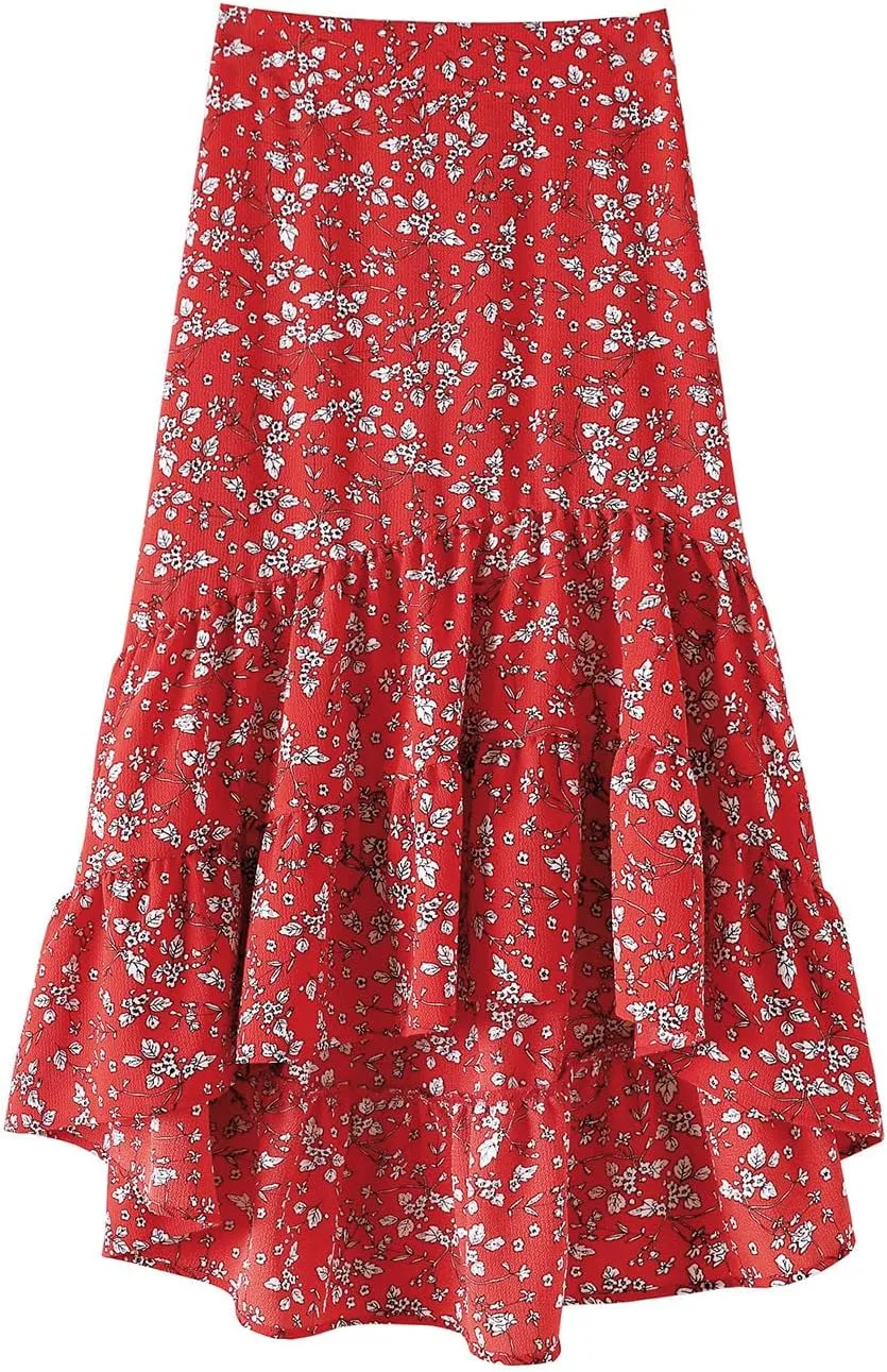 tuduoms Ditzy Floral Skirt Midi Boho Elastic High Waist Skirt A-line Long Vintage Skirts for Women High Low Pleated Skirt