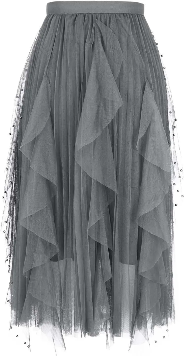 Tulle Skirts for Women Solid Color Flowy Midi Skirt Irregular Hem Mesh Layered High Elastic Waist A-line Swing Skirts