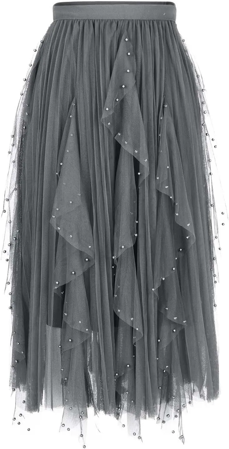Tulle Skirts for Women Solid Color Flowy Midi Skirt Irregular Hem Mesh Layered High Elastic Waist A-line Swing Skirts