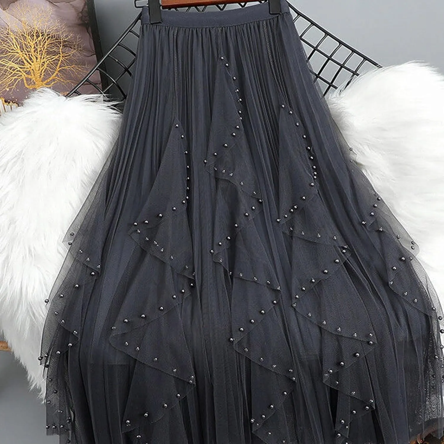 Tulle Skirts for Women Solid Color Flowy Midi Skirt Irregular Hem Mesh Layered High Elastic Waist A-line Swing Skirts