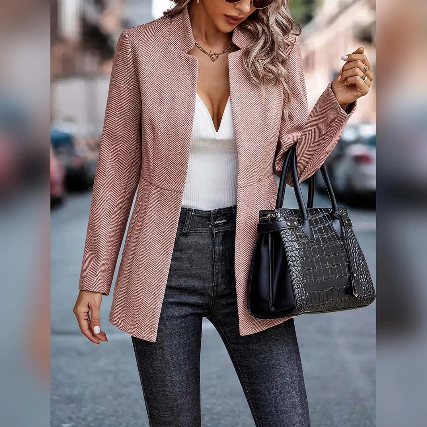 Tweed Blazers for Women Long Sleeve Open Front Jacket with Pocket Business Office Blazer