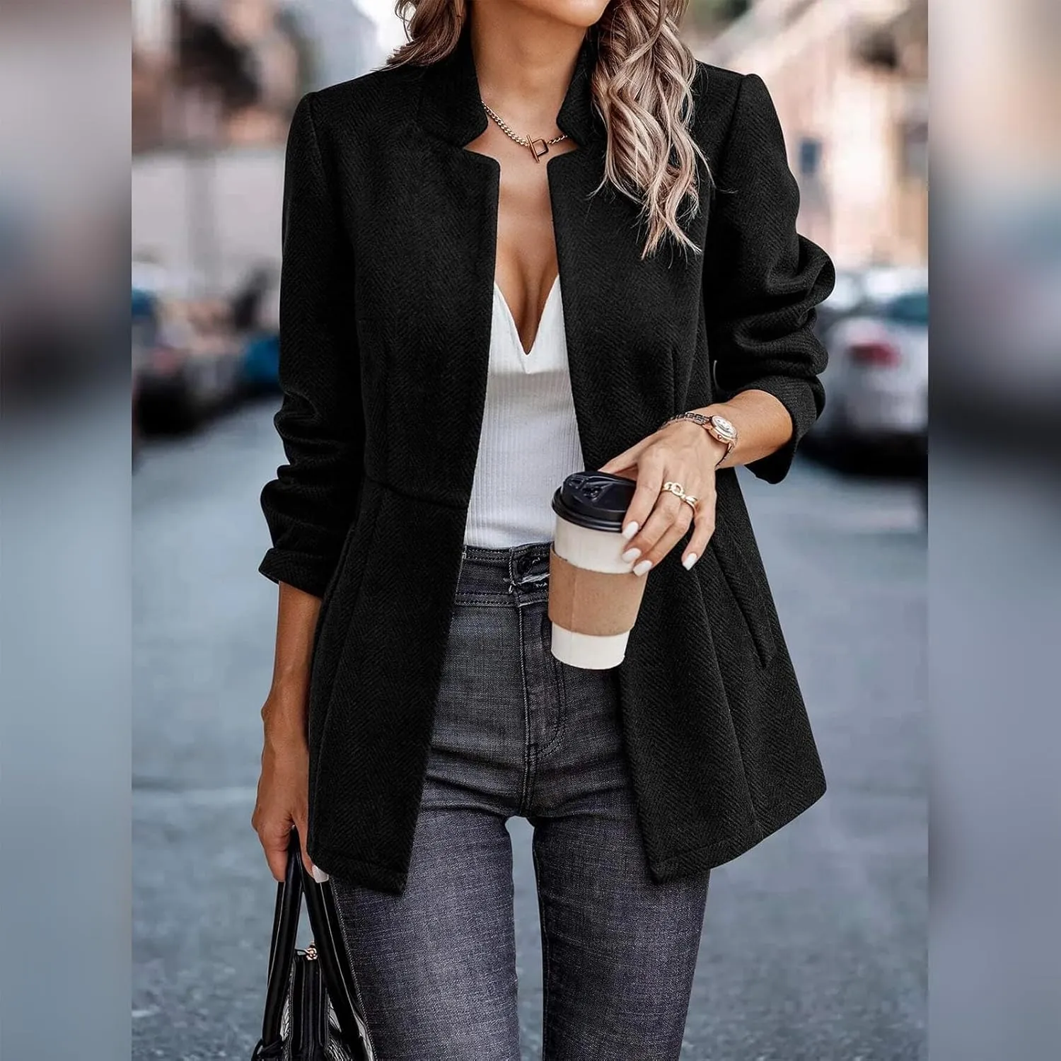 Tweed Blazers for Women Long Sleeve Open Front Jacket with Pocket Business Office Blazer