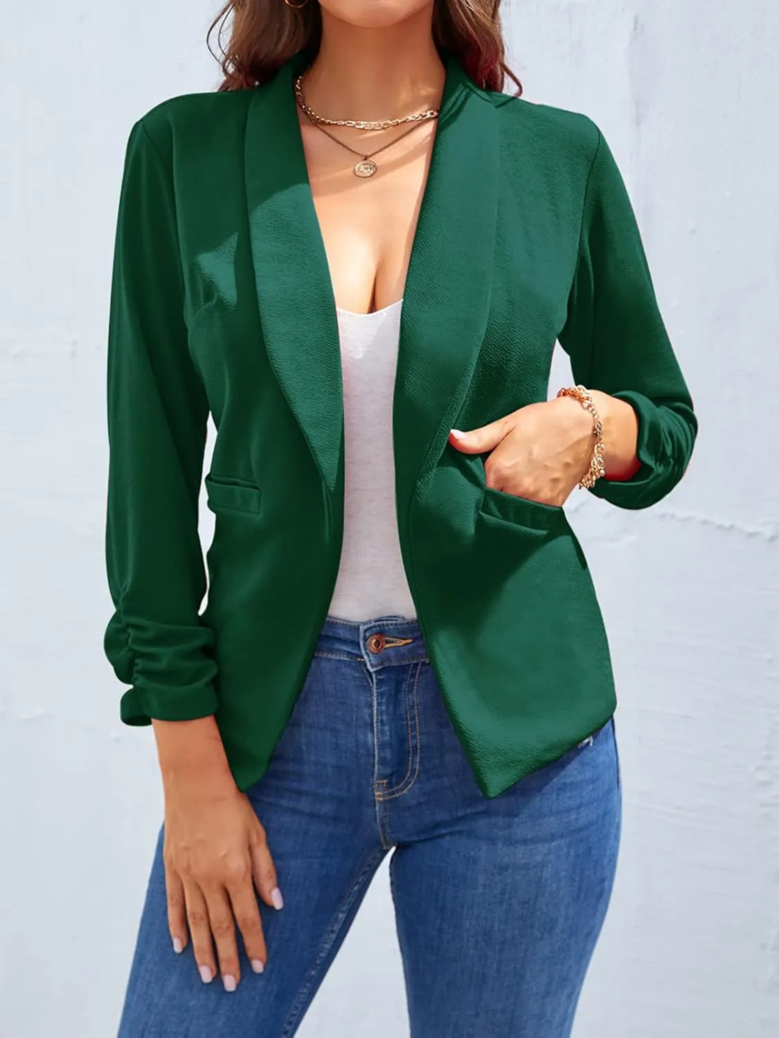 Unifizz Womens Casual Blazer Pockets Open Front Cardigan Work Office Jacket 3/4 Sleeve