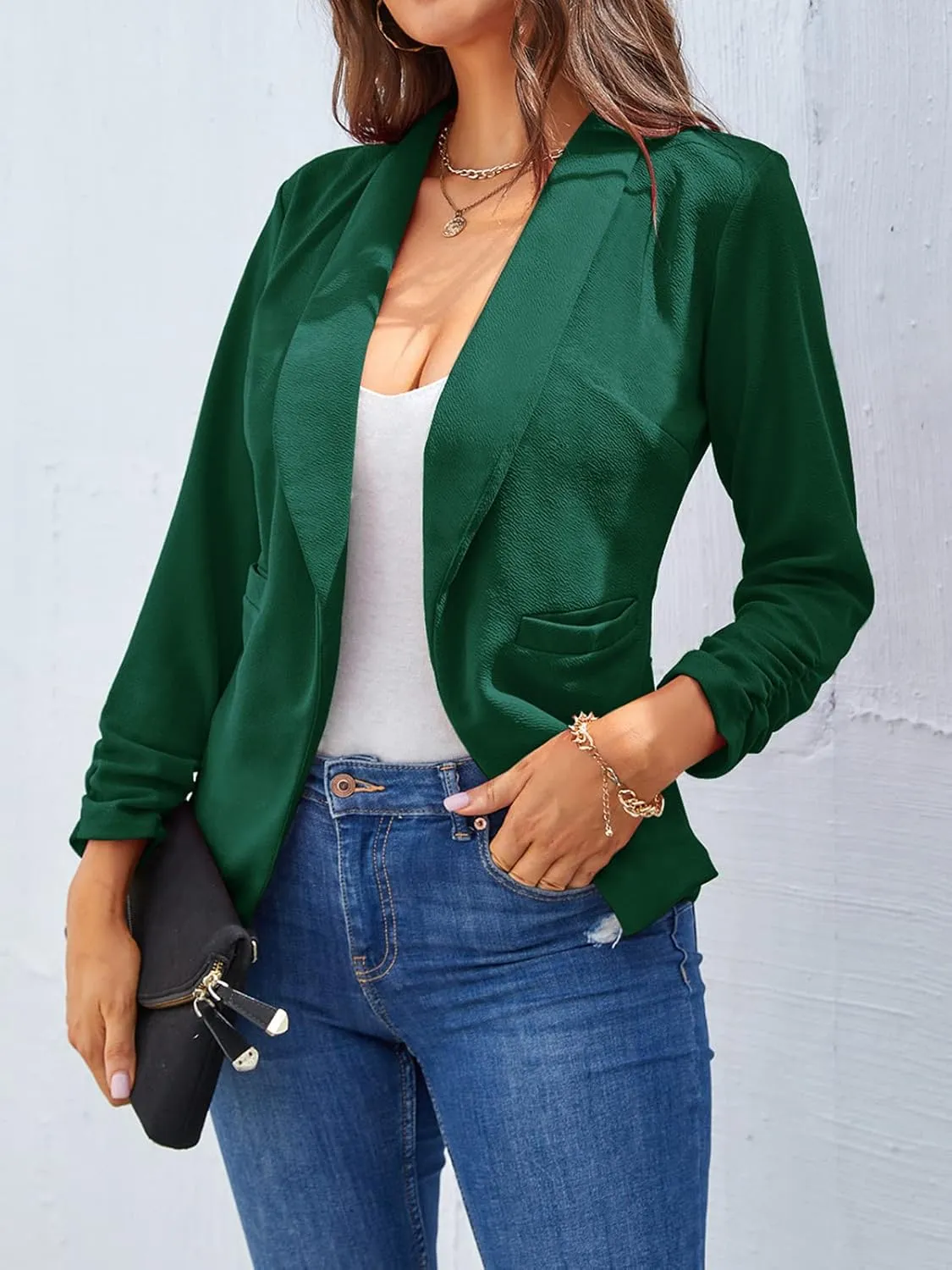 Unifizz Womens Casual Blazer Pockets Open Front Cardigan Work Office Jacket 3/4 Sleeve