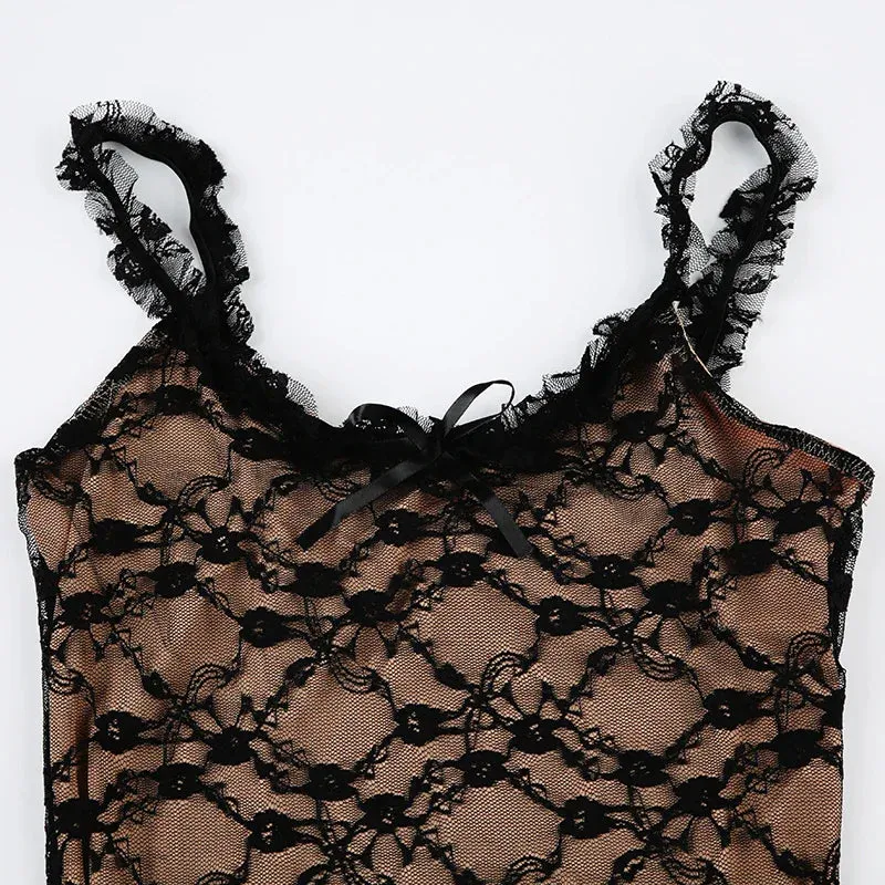 Uniwim Elegant Long Bow Mesh Spliced Lace Dress