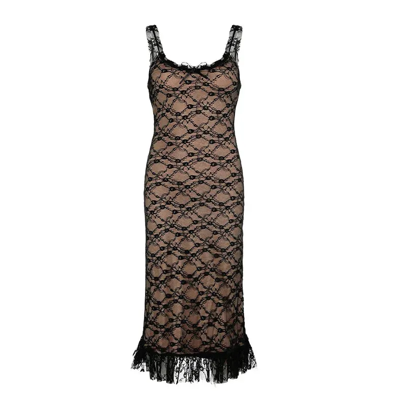 Uniwim Elegant Long Bow Mesh Spliced Lace Dress