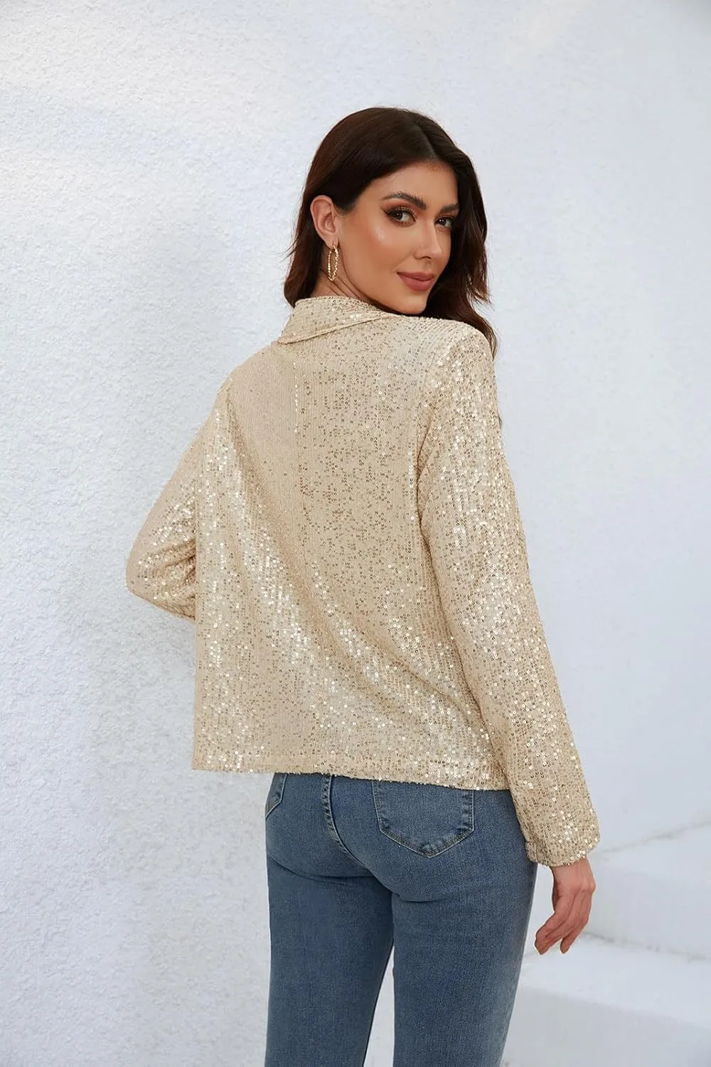 utcoco Womens Sequin Blazer Casual Long Sleeve Open Front Sparkle Blazer Jacket