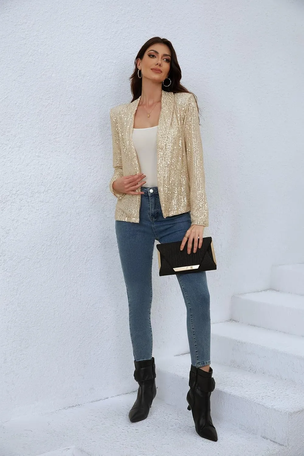 utcoco Womens Sequin Blazer Casual Long Sleeve Open Front Sparkle Blazer Jacket