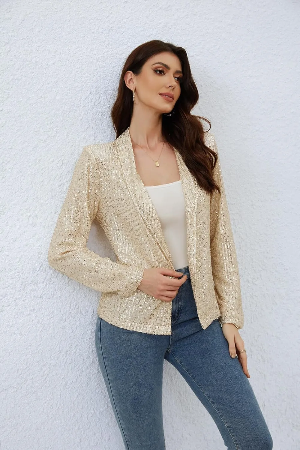utcoco Womens Sequin Blazer Casual Long Sleeve Open Front Sparkle Blazer Jacket