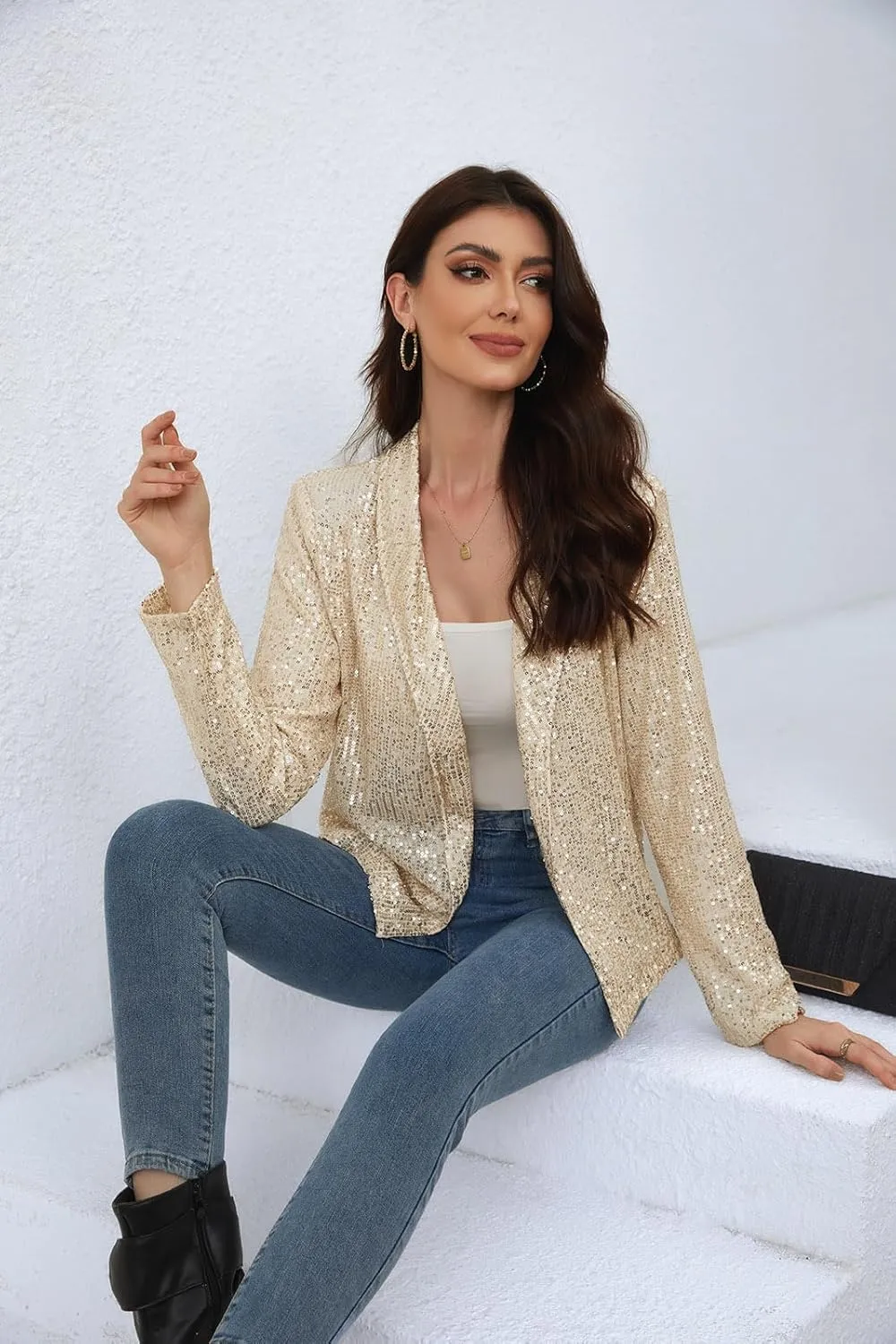 utcoco Womens Sequin Blazer Casual Long Sleeve Open Front Sparkle Blazer Jacket
