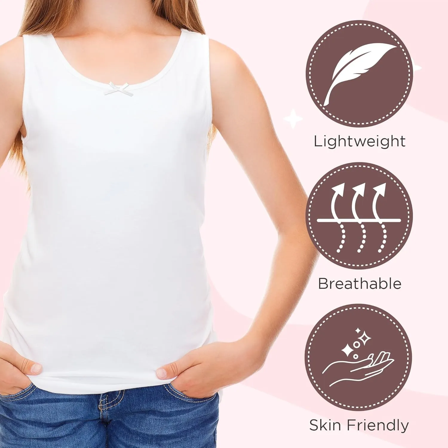 Valair Girls Cotton Undershirt Sleeveless Camisole White Tank Top Comfortable 2-Pack