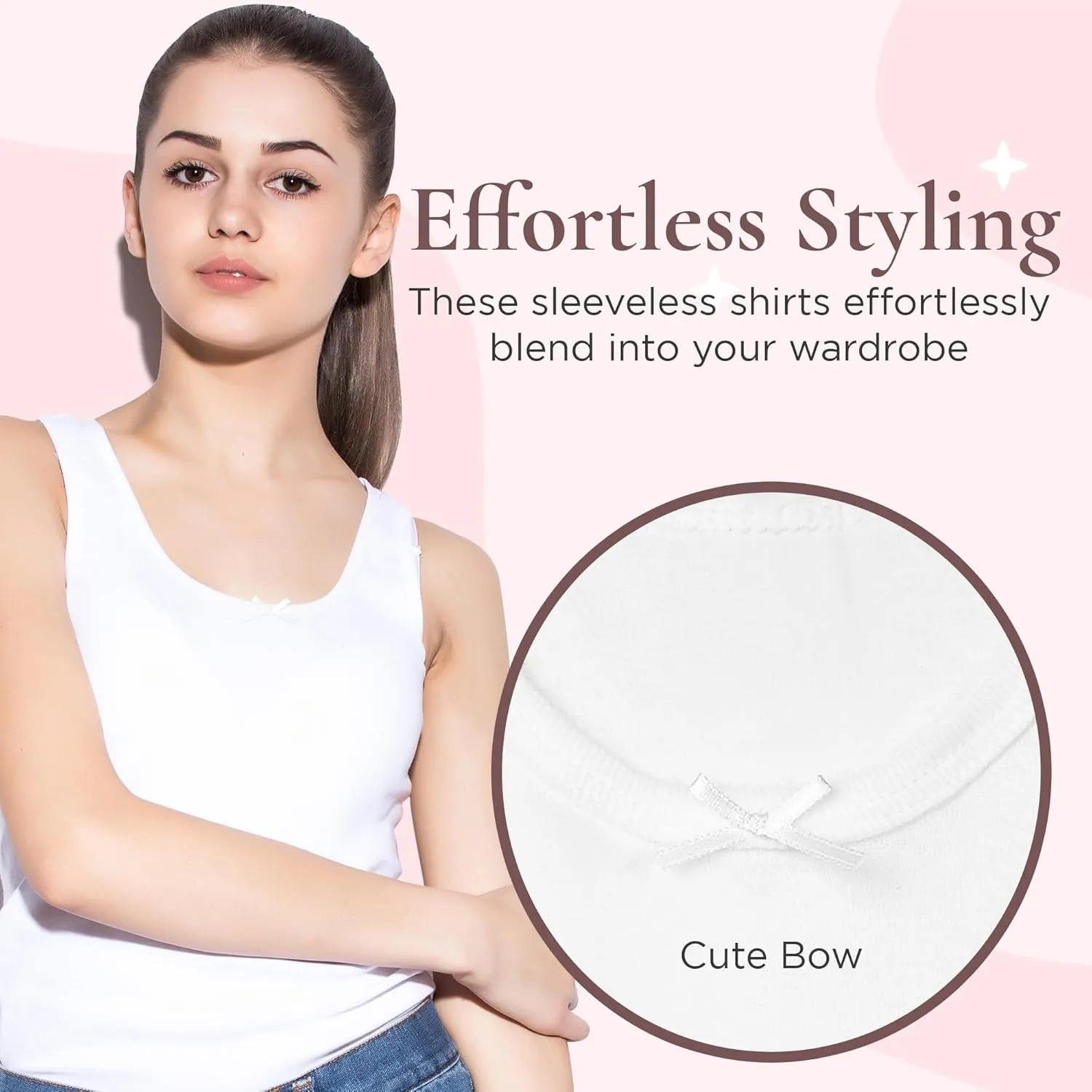 Valair Girls Cotton Undershirt Sleeveless Camisole White Tank Top Comfortable 2-Pack