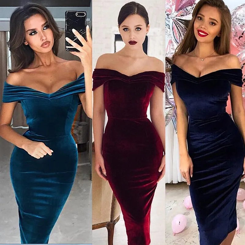 VenusFox Off the shoulder Sexy Slash Velvet Dresses