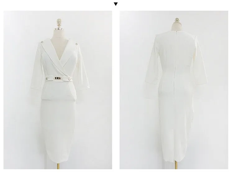 VenusFox Summer Women Bandage Midi Pencil Dress Work With V-neck 3/4 Sleeve