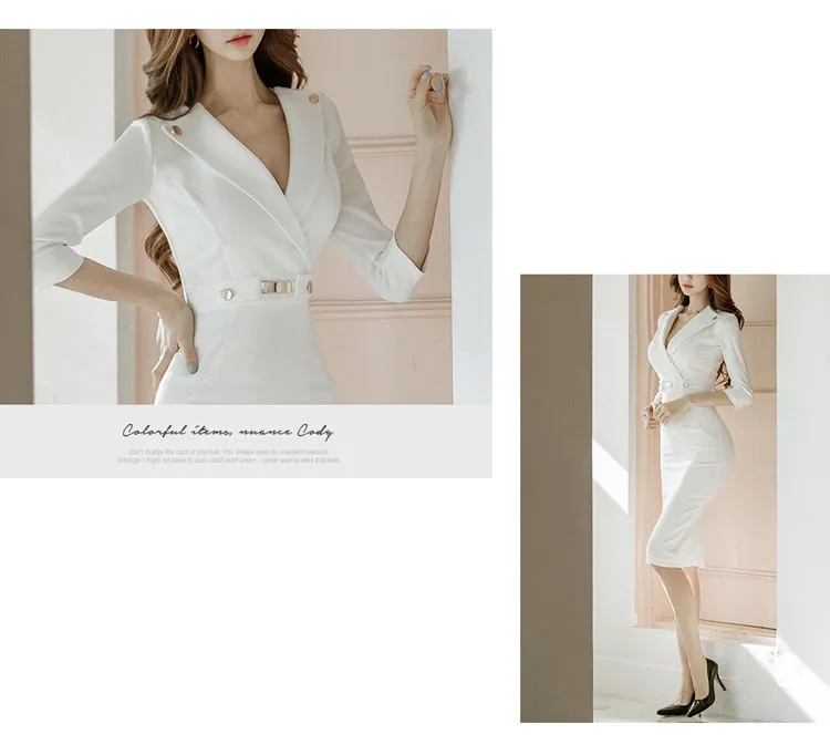 VenusFox Summer Women Bandage Midi Pencil Dress Work With V-neck 3/4 Sleeve