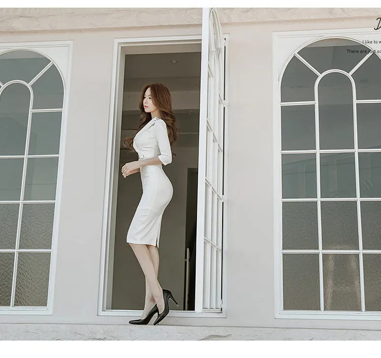 VenusFox Summer Women Bandage Midi Pencil Dress Work With V-neck 3/4 Sleeve