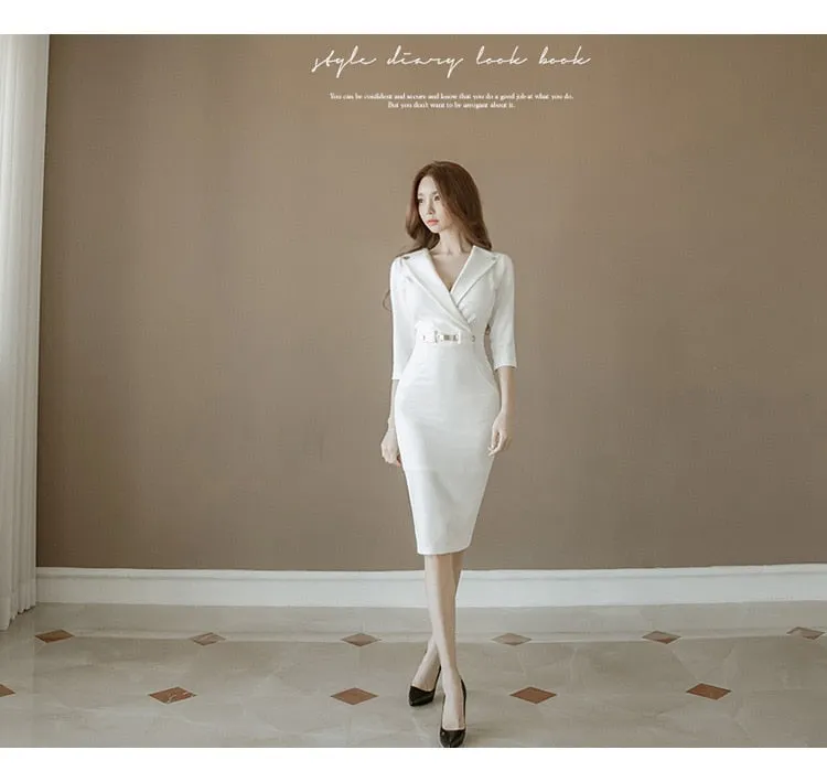 VenusFox Summer Women Bandage Midi Pencil Dress Work With V-neck 3/4 Sleeve