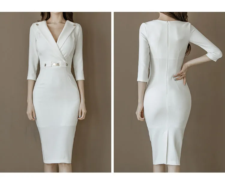 VenusFox Summer Women Bandage Midi Pencil Dress Work With V-neck 3/4 Sleeve