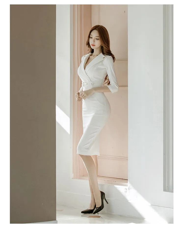 VenusFox Summer Women Bandage Midi Pencil Dress Work With V-neck 3/4 Sleeve