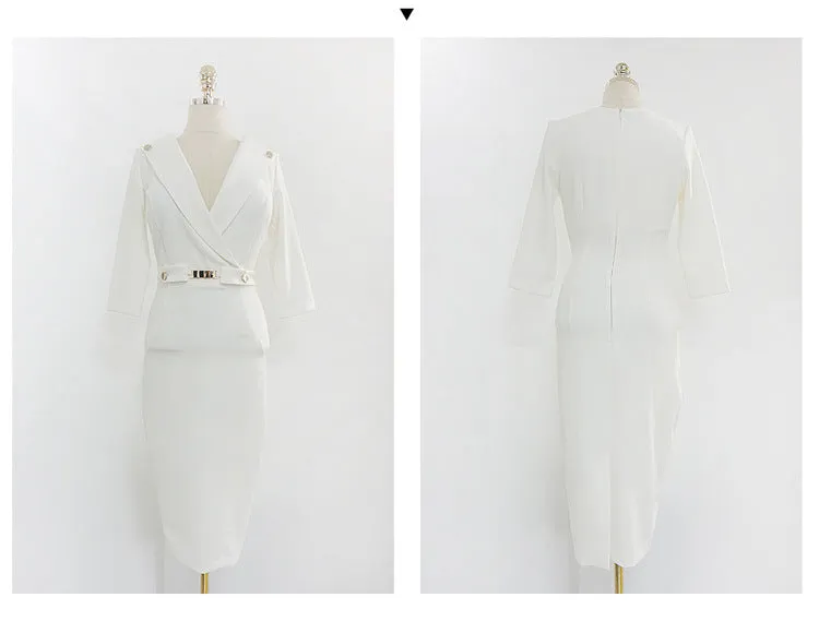 VenusFox Summer Women Bandage Midi Pencil Dress Work With V-neck 3/4 Sleeve