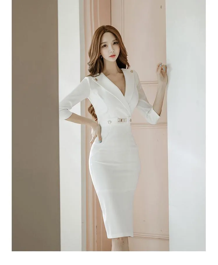 VenusFox Summer Women Bandage Midi Pencil Dress Work With V-neck 3/4 Sleeve