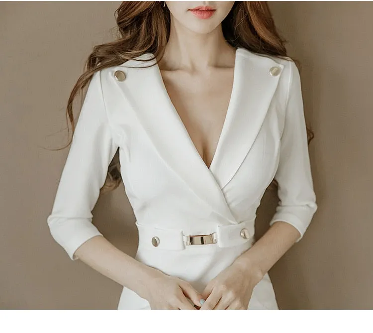 VenusFox Summer Women Bandage Midi Pencil Dress Work With V-neck 3/4 Sleeve