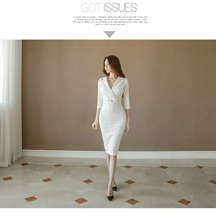 VenusFox Summer Women Bandage Midi Pencil Dress Work With V-neck 3/4 Sleeve