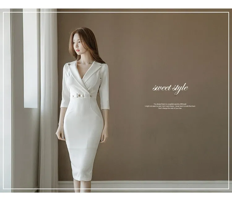 VenusFox Summer Women Bandage Midi Pencil Dress Work With V-neck 3/4 Sleeve