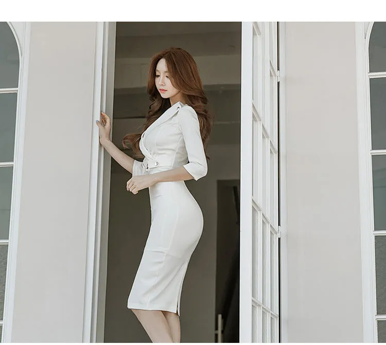 VenusFox Summer Women Bandage Midi Pencil Dress Work With V-neck 3/4 Sleeve