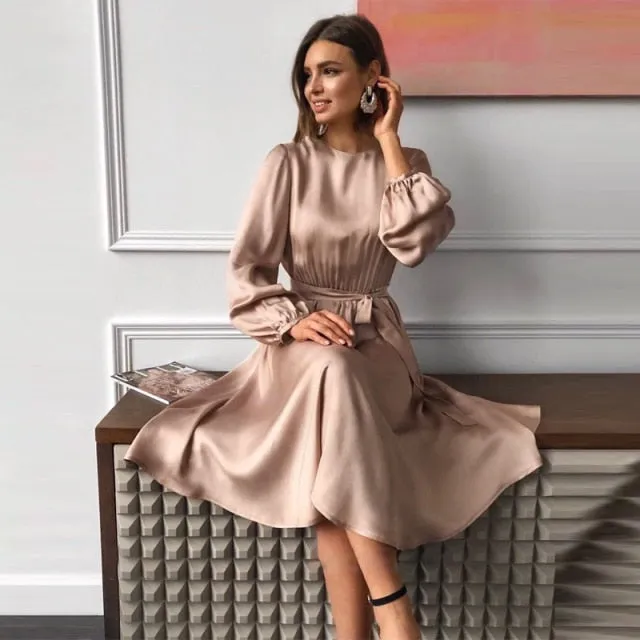 VenusFox Women Solid Satin Casual Loose Dress O Neck Lantern Sleeve Sashes High Waist Elegant Mid Dress 2021 Spring New Women Party Dress