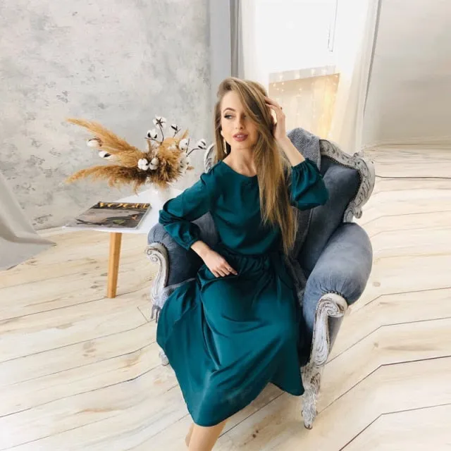 VenusFox Women Solid Satin Casual Loose Dress O Neck Lantern Sleeve Sashes High Waist Elegant Mid Dress 2021 Spring New Women Party Dress