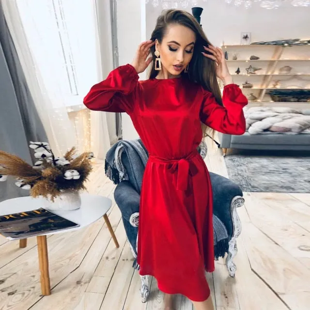 VenusFox Women Solid Satin Casual Loose Dress O Neck Lantern Sleeve Sashes High Waist Elegant Mid Dress 2021 Spring New Women Party Dress