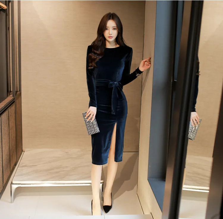 VenusFox Women's Solid Long Sleeve Black Bodycon Vintage Velvet Dress