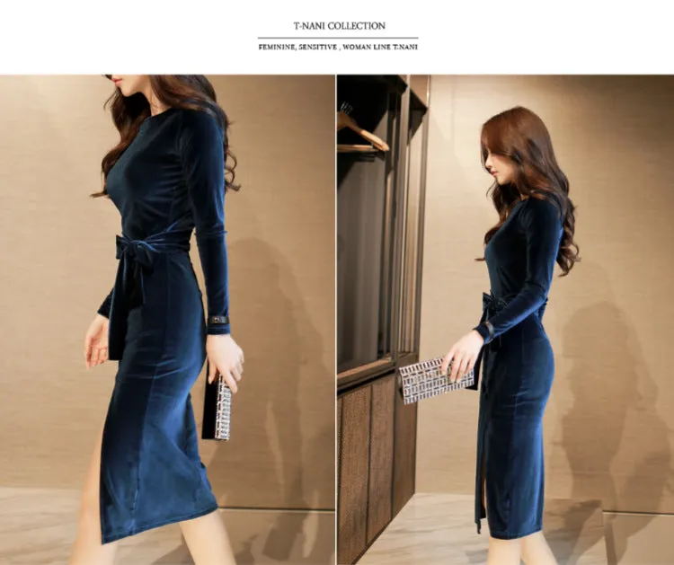 VenusFox Women's Solid Long Sleeve Black Bodycon Vintage Velvet Dress