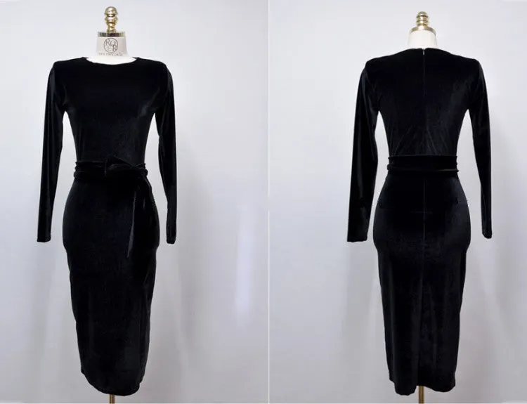 VenusFox Women's Solid Long Sleeve Black Bodycon Vintage Velvet Dress
