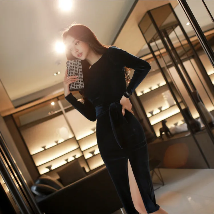 VenusFox Women's Solid Long Sleeve Black Bodycon Vintage Velvet Dress