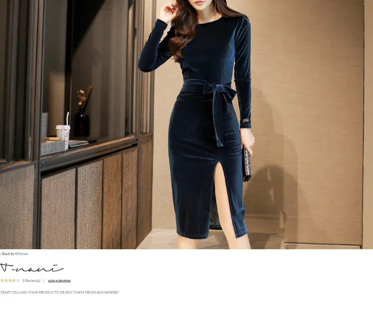 VenusFox Women's Solid Long Sleeve Black Bodycon Vintage Velvet Dress