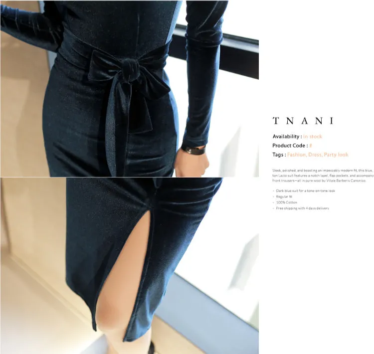 VenusFox Women's Solid Long Sleeve Black Bodycon Vintage Velvet Dress