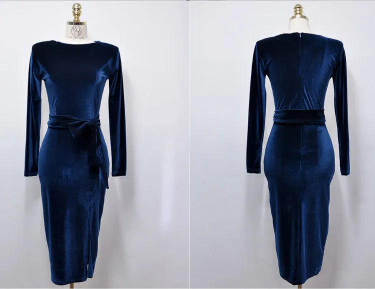 VenusFox Women's Solid Long Sleeve Black Bodycon Vintage Velvet Dress