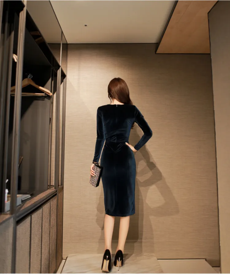 VenusFox Women's Solid Long Sleeve Black Bodycon Vintage Velvet Dress