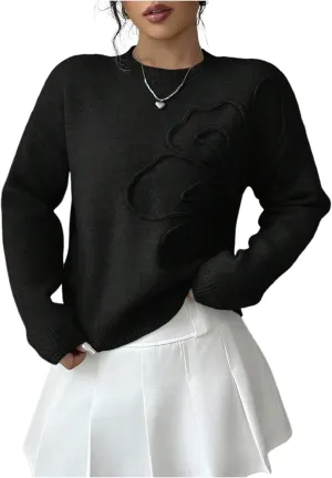 Verdusa Women's 3D Floral Pullover Sweaters Crew Neck Long Sleeve Knit Top