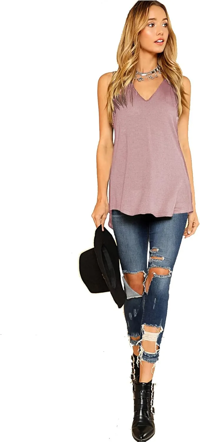 Verdusa Women's Basic V Neck Longline Dolphin Hem Loose Tunic Tank Top