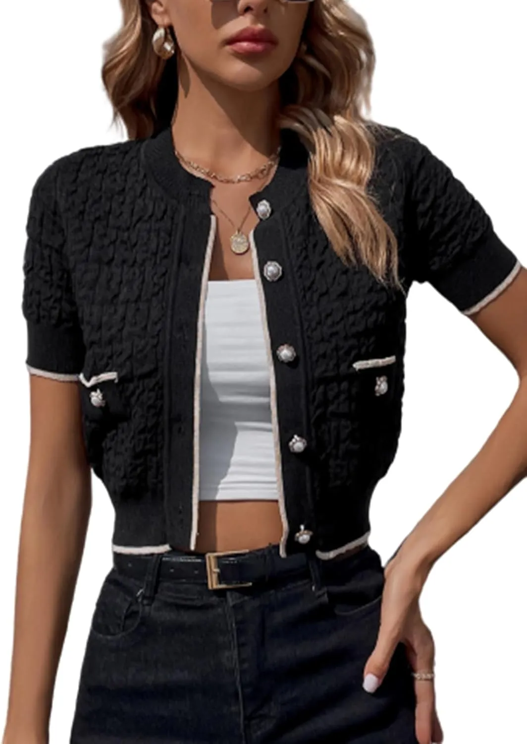 Verdusa Women's Casual Button Down Crewneck Short Sleeve Crop Knit Top Cardigan
