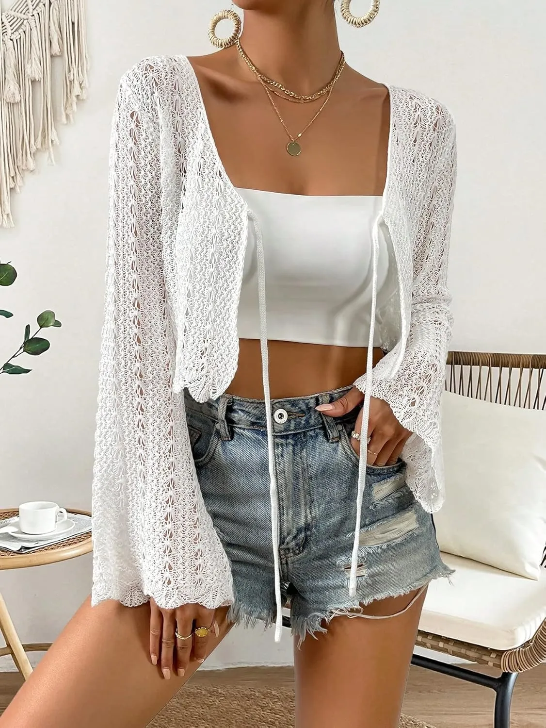 Verdusa Women's Tie Front Bell Long Sleeve Scalloped Crop Cardigan Knit Top